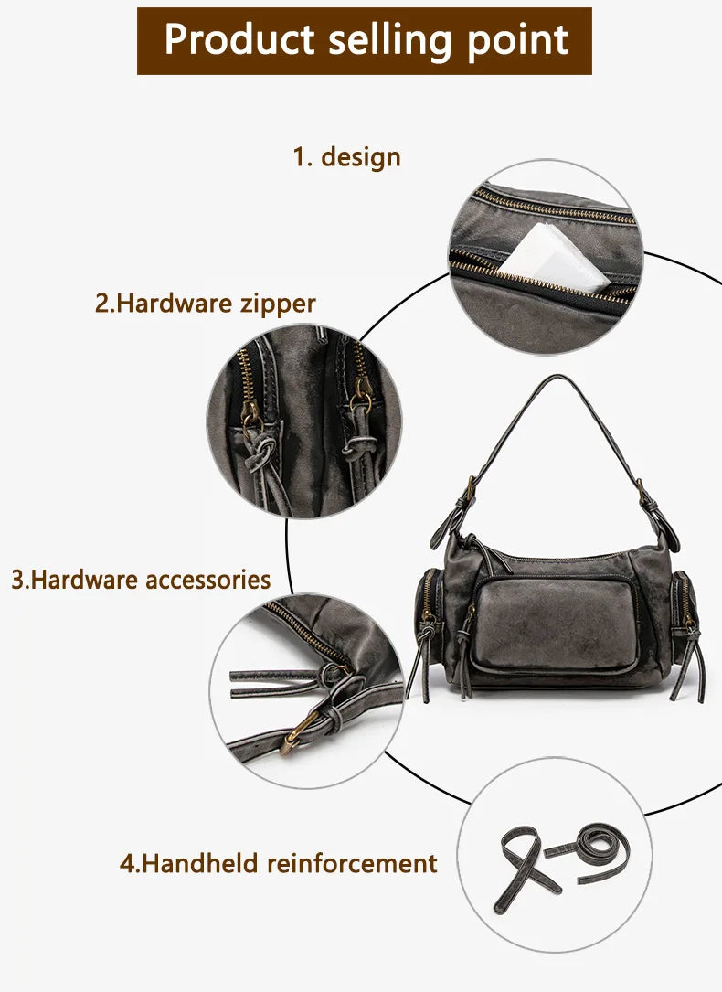 Damen-Hobo-Tasche aus Leder im Vintage-Look mit Mehrfach-Fächern und Tassel-Reißverschluss Alltagsbegleiter