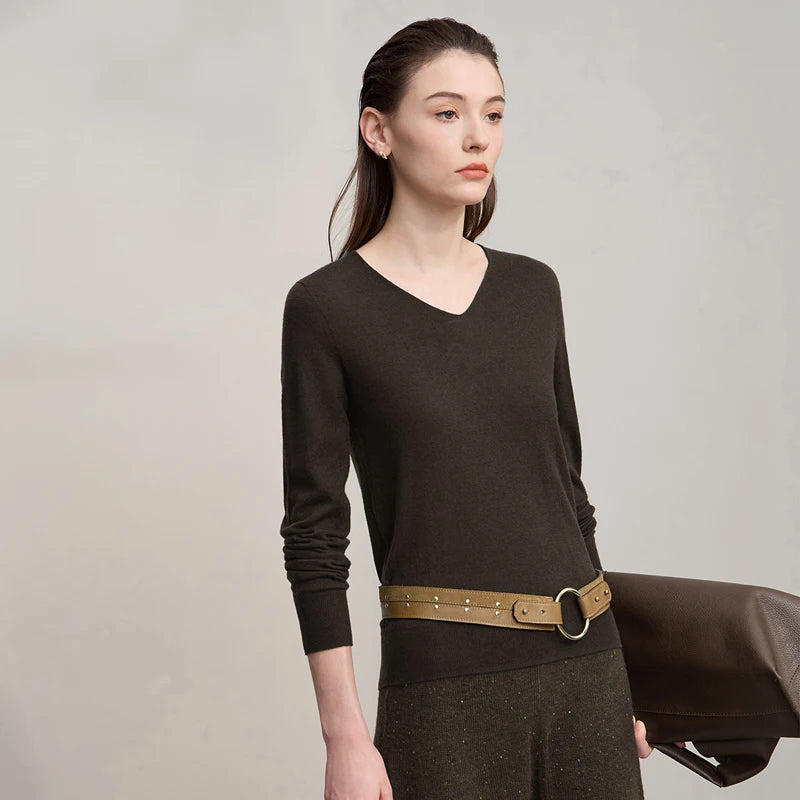 Damen V-Ausschnitt Pullover 100 % Wolle vielseitig Langarm Herbst