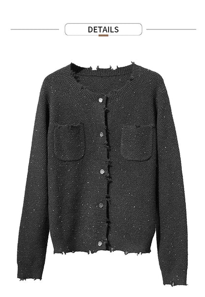 Damen-Strickjacke Rundhals englischer Stil einfarbig elegant Herbst