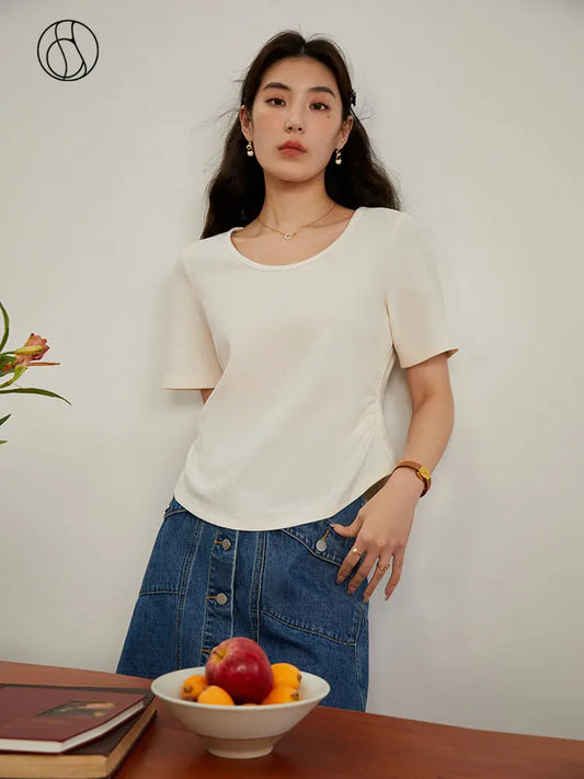 Beige Damenbluse aus Chiffon mit Taillenband und langen Ärmeln – ideal fürs Büro