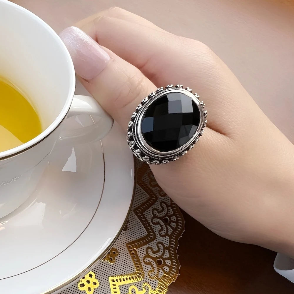 Damen-Ring Totenkopf Skelett schwarz Cocktail aus Sterlingsilber