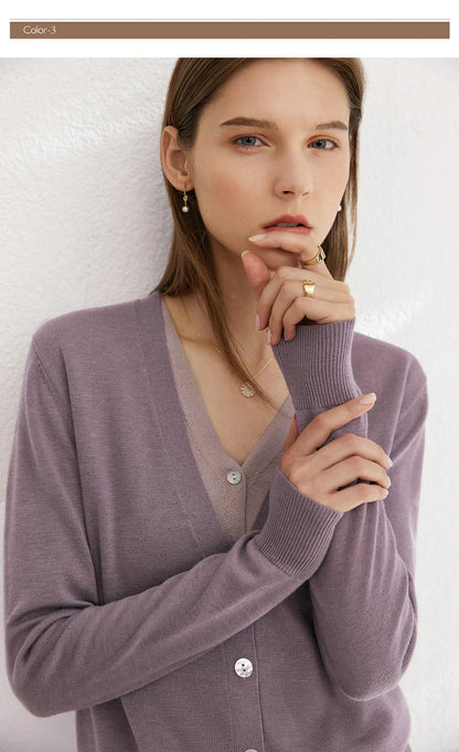 Damen-Wollstrickjacke, lila, V-Ausschnitt mit Knöpfen, lange Ärmel