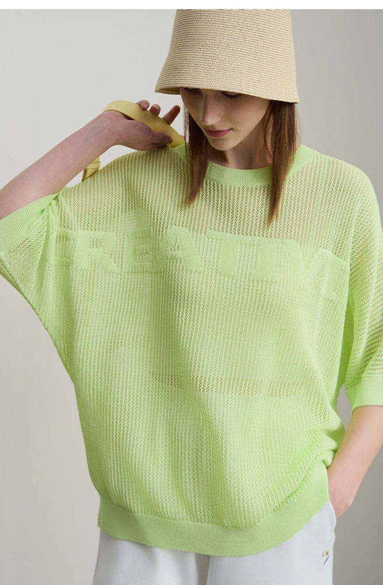 Limonengrüner Strickpullover mit Rundhalsausschnitt und kurzen, lockeren Ärmeln