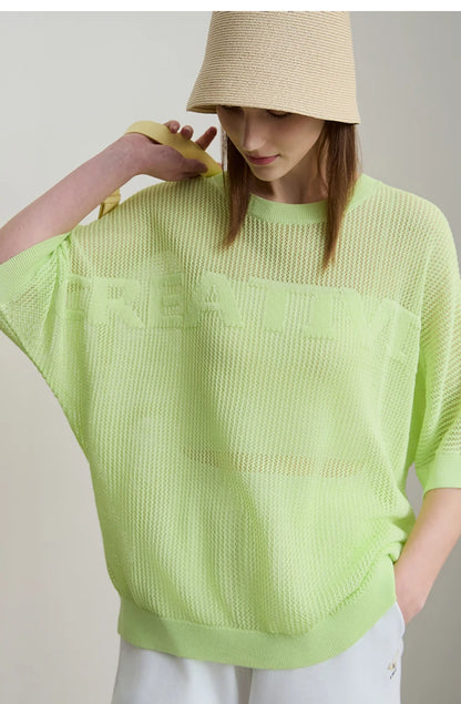 Limonengrüner Strickpullover mit Rundhalsausschnitt und kurzen, lockeren Ärmeln