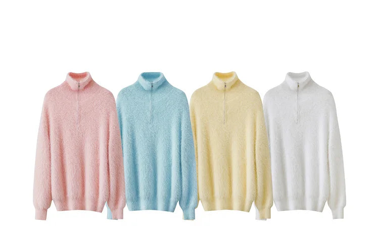 Damen-Rollkragenpullover Nerz-Imitat Reißverschluss locker dick Winter