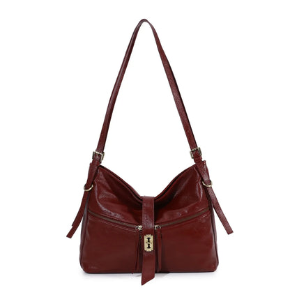 Damen-Schultertasche aus Vintage Öl-Wachs-Leder mit großem Stauraum und Mehrfach-Reißverschlussfächern