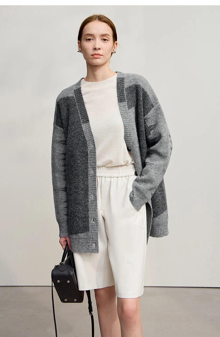 Damen V-Ausschnitt Cardigan lang Patchwork Wolle-Mix Winter