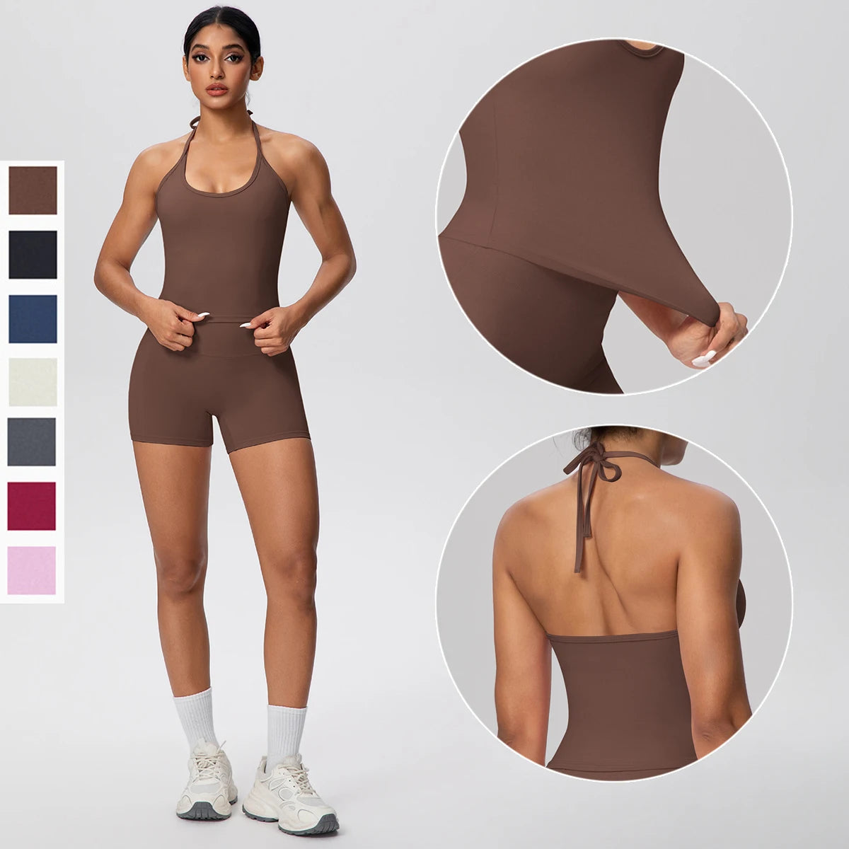Zweiteiliges Damen-Fitness-Set, braunes ärmelloses Top mit Shorts, rückenfreier Rücken