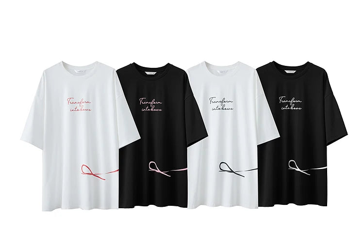 Damen T-Shirt aus ultraloch Stretch-Baumwolle mit Buchstaben-Bowknot-Aufdruck