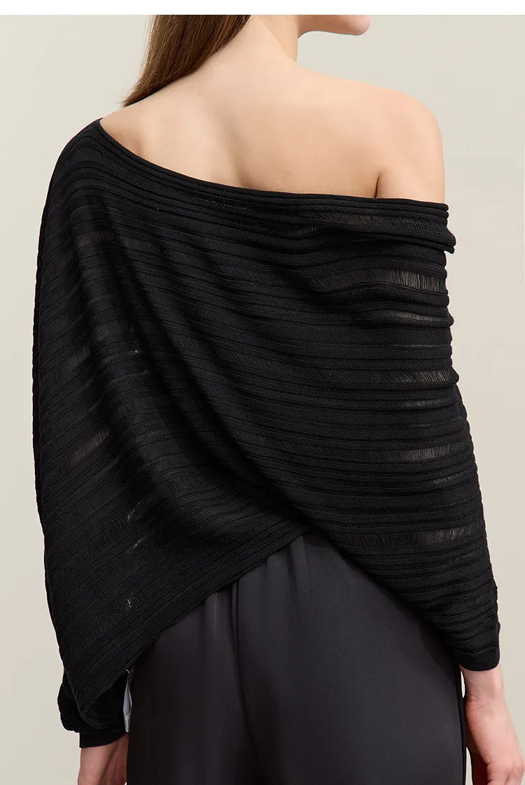 Schwarzer Schulterfreier Strickpullover mit drapiertem Lagenlook und langen Ärmeln