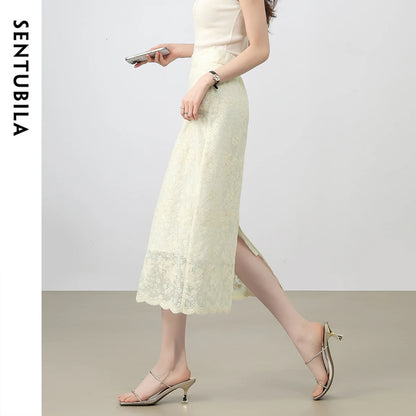 Damen Spitzenrock mit hoher Taille und elegantem Schlitz für Sommerpartys