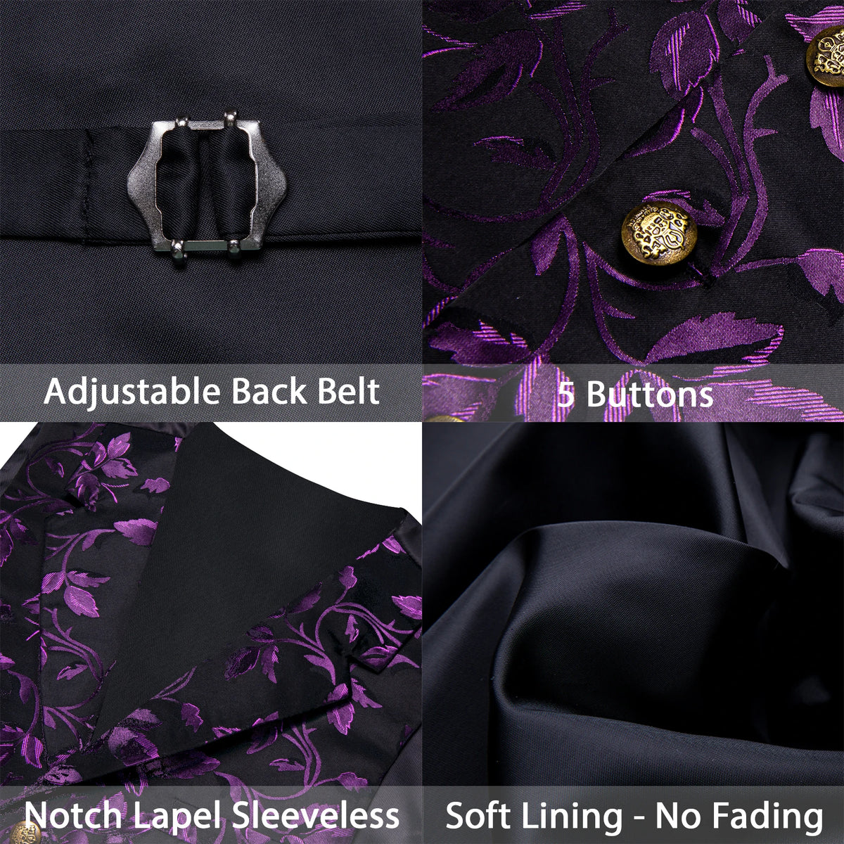 Detailaufnahme: Weste mit lila Jacquardmuster, Rückenband und Knöpfen