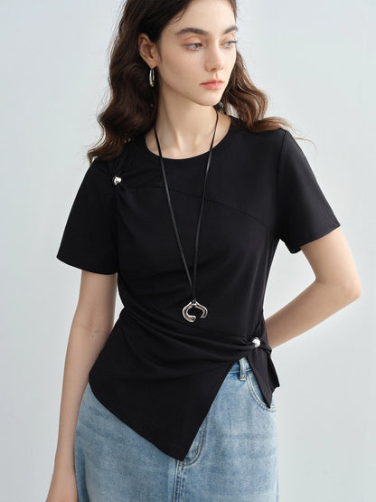 Kurzarmshirt für Damen in Übergröße mit Rundhalsausschnitt und Origami-Print – Sommerliches Design mit Schleifendetail