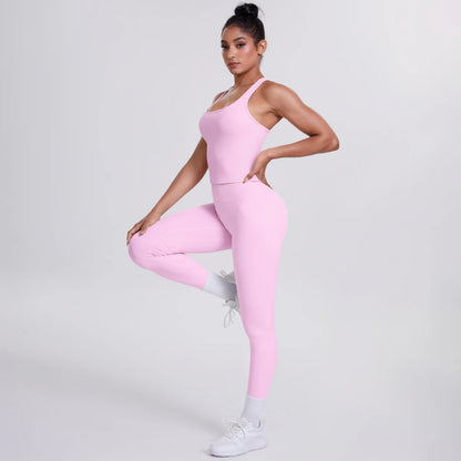 Damen Yoga-Set mit Trägertop und Leggings, einfarbig rosa, seitlich in Dehnung