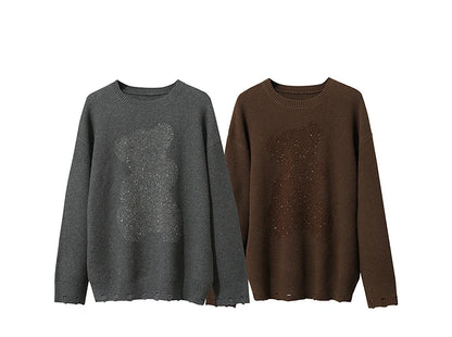 Damen-Rundhalspullover Jacquard Aushöhlung Perlenstickerei locker Winter
