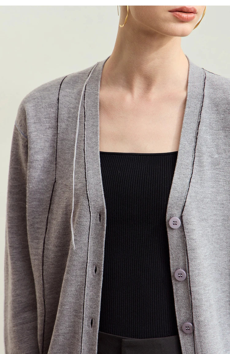 Damen-Strickjacke V-Ausschnitt Patchwork Raglan Wolle-Mix Herbst