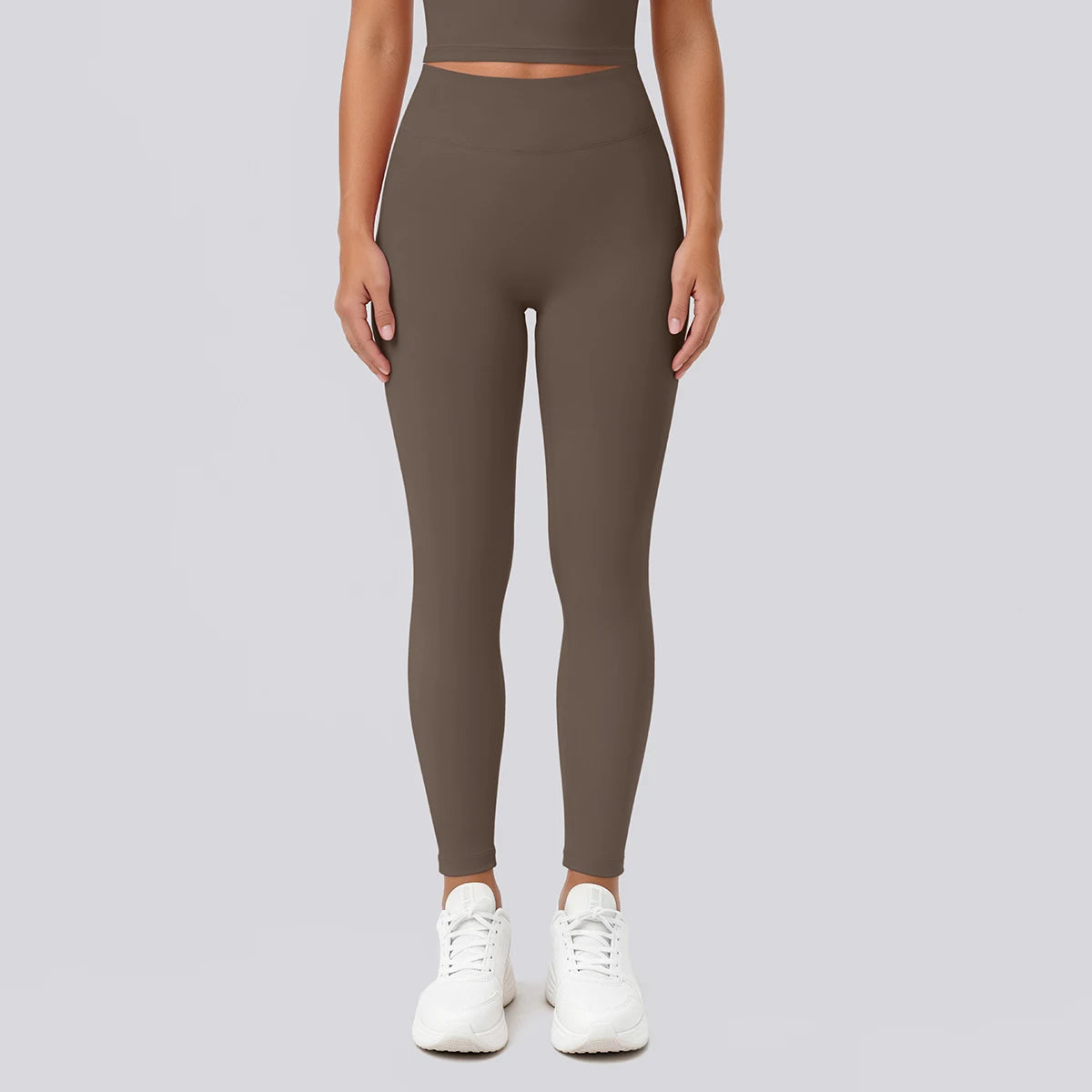 Braune Yoga-Leggings mit hohem Bund, schmaler Schnitt, Vorderansicht