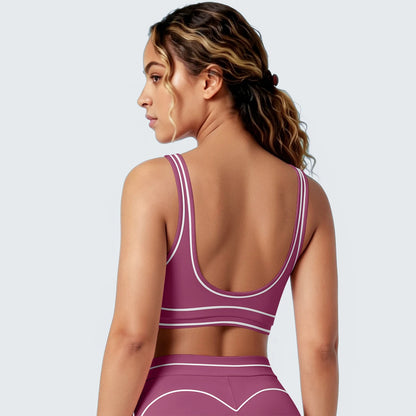 Damen-Yoga-Top mit Racerback, rundem Rückenausschnitt, lila mit hellen Kontrastkanten
