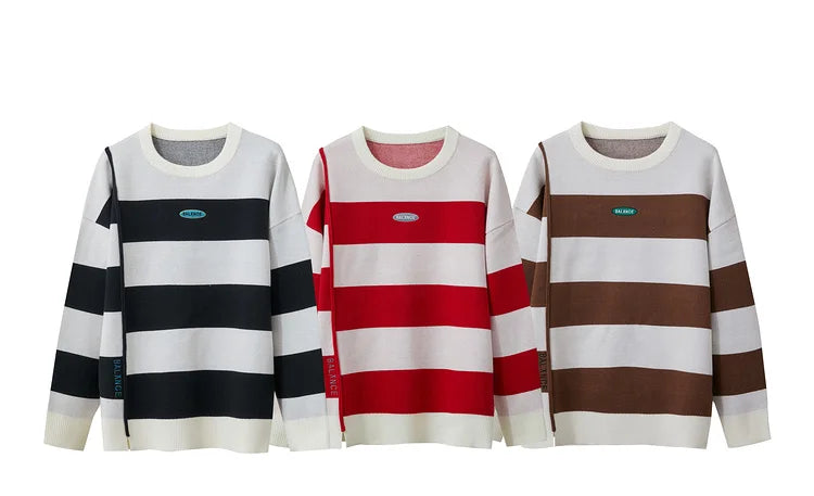 3 Streifen-Strickpullover: schwarz/weiß, rot/weiß und braun/weiß, langarm