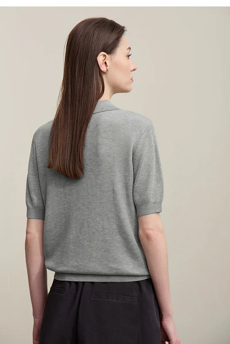 Damen-Strickpullover mit Polokragen, kurzarm, grau, Rückansicht