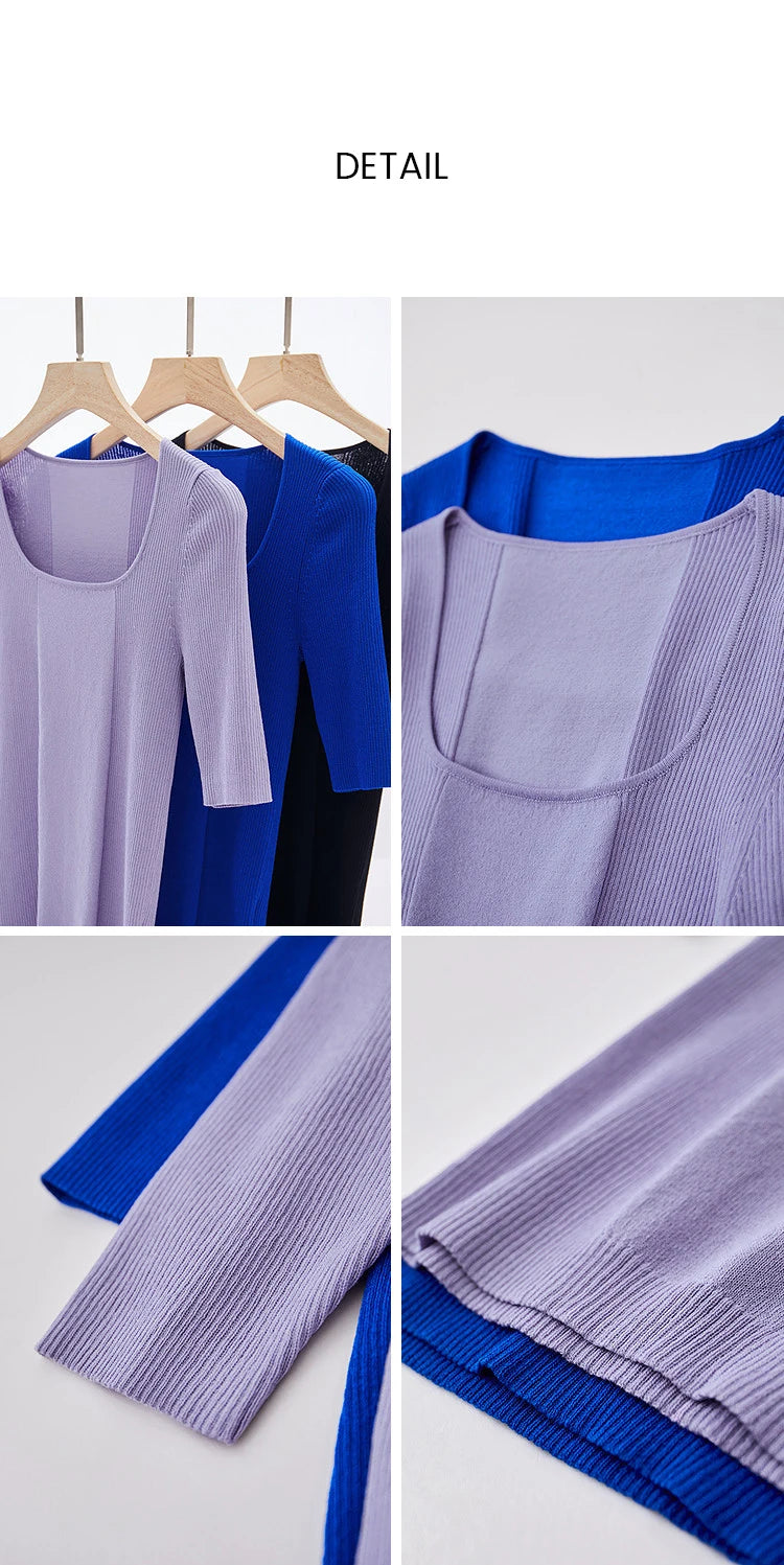 Damen-Strickpullover-Detail: quadratischer Ausschnitt, gerippter Strick, Halbarm