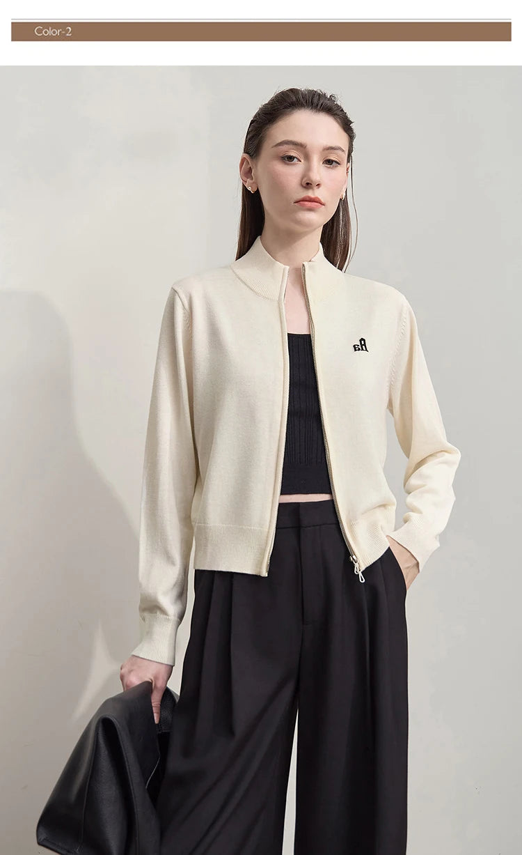 Damen-Rollkragen-Strickjacke kurz Reißverschluss Wolle Herbst-Winter
