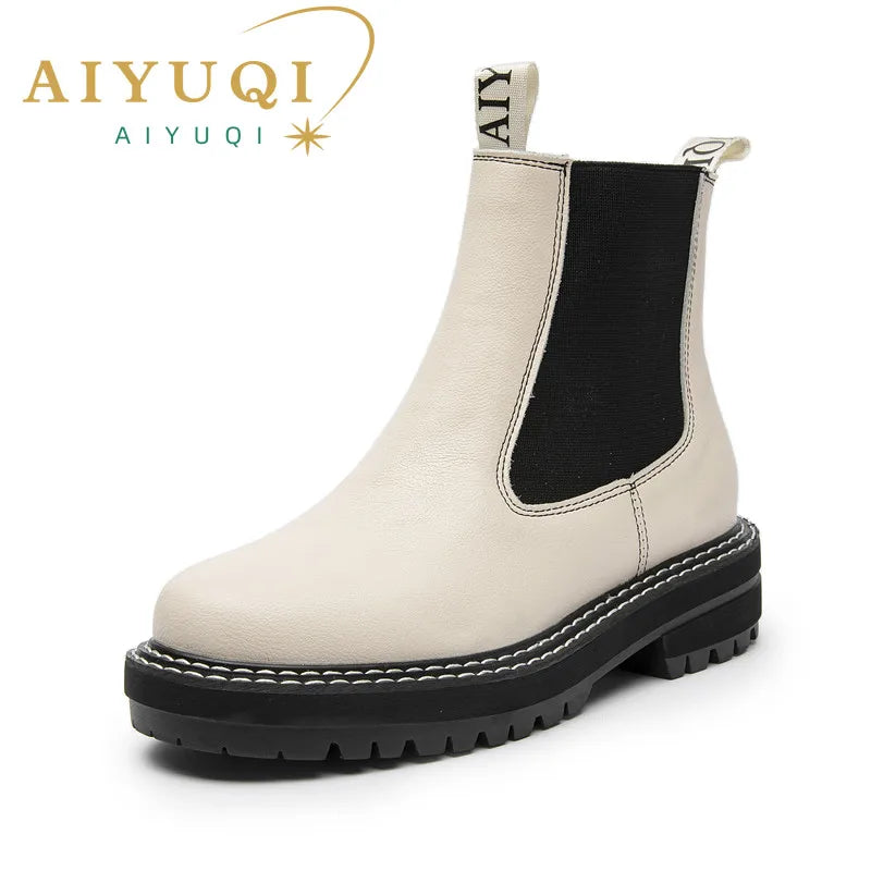 Women's Chelsea Boots Genuine Leather 2025 Autumn Winter Trend Thick-soled Women Ankle Boots All-match Marton Boots Ladies