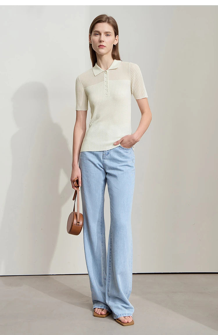 Damen Strickoberteil mit Revers und halber Knopfleiste für den Sommer