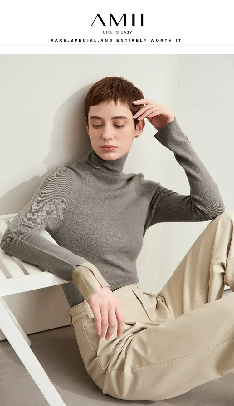 Damen-Rollkragenpullover Farbkontrast Slim Fit Langarm Frühling