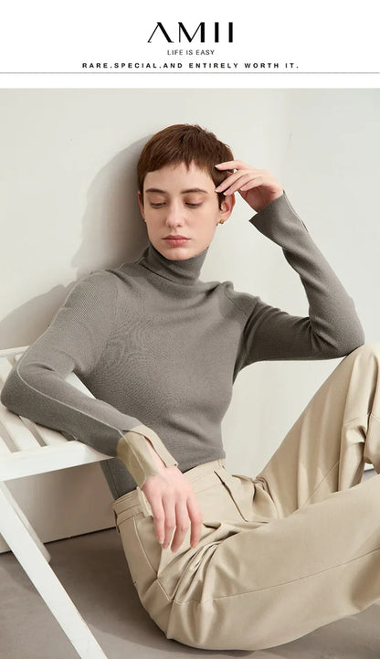 Damen-Rollkragenpullover Farbkontrast Slim Fit Langarm Frühling