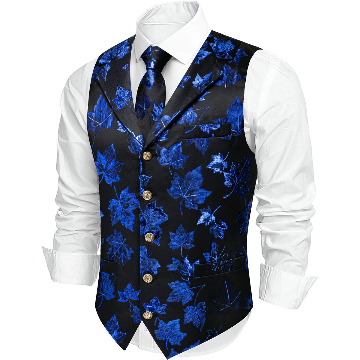 Herrenweste mit Jacquard-Ahornblattmuster in Schwarz und Blau, Revers und Knopfleiste