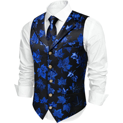 Herrenweste mit Jacquard-Ahornblattmuster in Schwarz und Blau, Revers und Knopfleiste