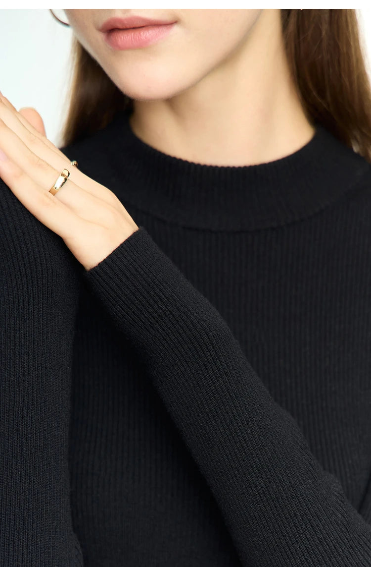 Damen-Pullover mit Rundhalsausschnitt, schwarz, langarm, gerippter Saum