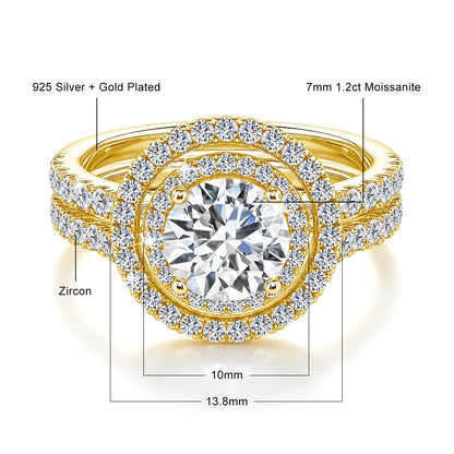 Damen-Verlobungsring-Set aus 925er Silber mit Moissanit Doppel-Halo 7 mm 1,2 ct Luxus-Schmuck