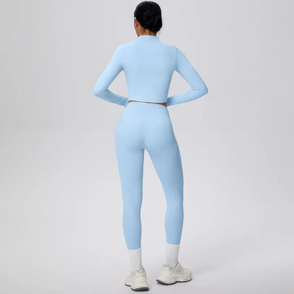 Hellblaues Damen-Yogaset mit Reißverschluss-Sportshirt und Leggings, Rückenansicht