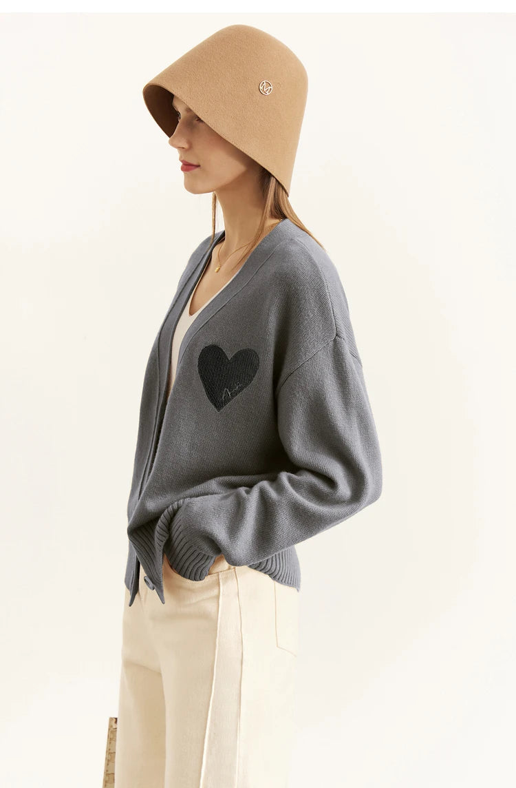 Damen-Strickjacke V-Ausschnitt Wollstickerei locker romantisch Winter