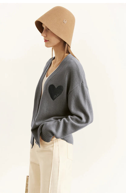 Damen-Strickjacke V-Ausschnitt Wollstickerei locker romantisch Winter