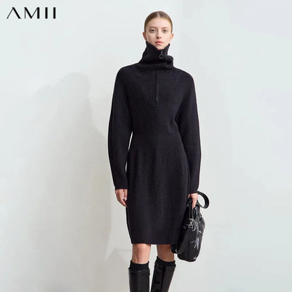 Casual Strickkleid Mit Reißverschluss Und Stretch Für Damen