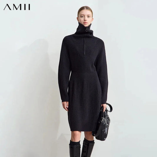 Schwarzes Strickkleid mit Stehkragen und Reißverschluss, Langarm
