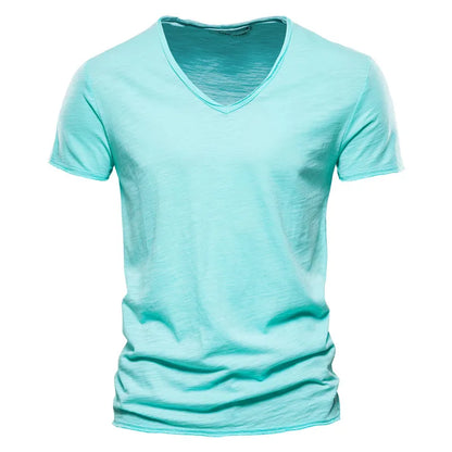 Herren-T-Shirt mit V-Ausschnitt, kurzarm, türkis meliert