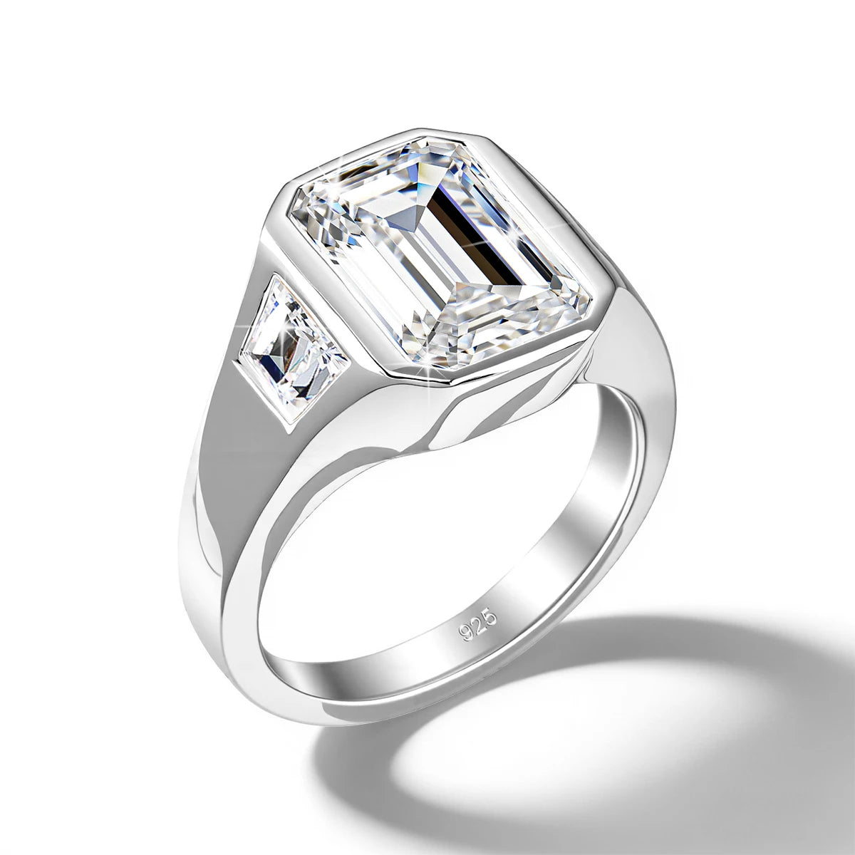Unisex-Verlobungsring Moissanit im Smaragdschliff Drei-Stein-Design aus 925 Silber