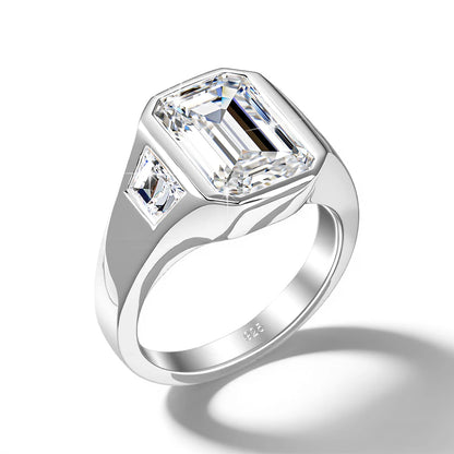 Unisex-Verlobungsring Moissanit im Smaragdschliff Drei-Stein-Design aus 925 Silber