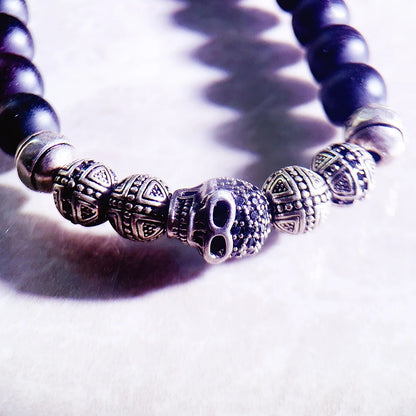 Damen-Armband Totenkopf-Kreuz Punk Obsidian aus Sterlingsilber