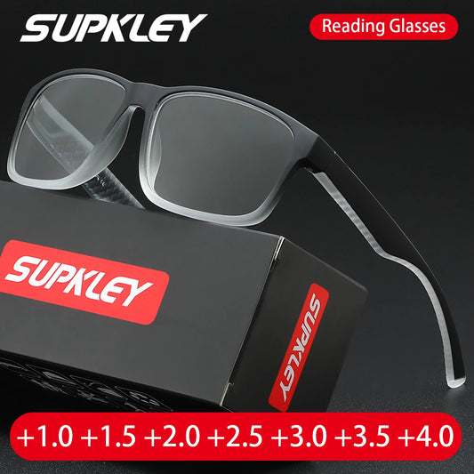 Lesebrille mit quadratischem Rahmen in Grau mit transparenten Gläsern
