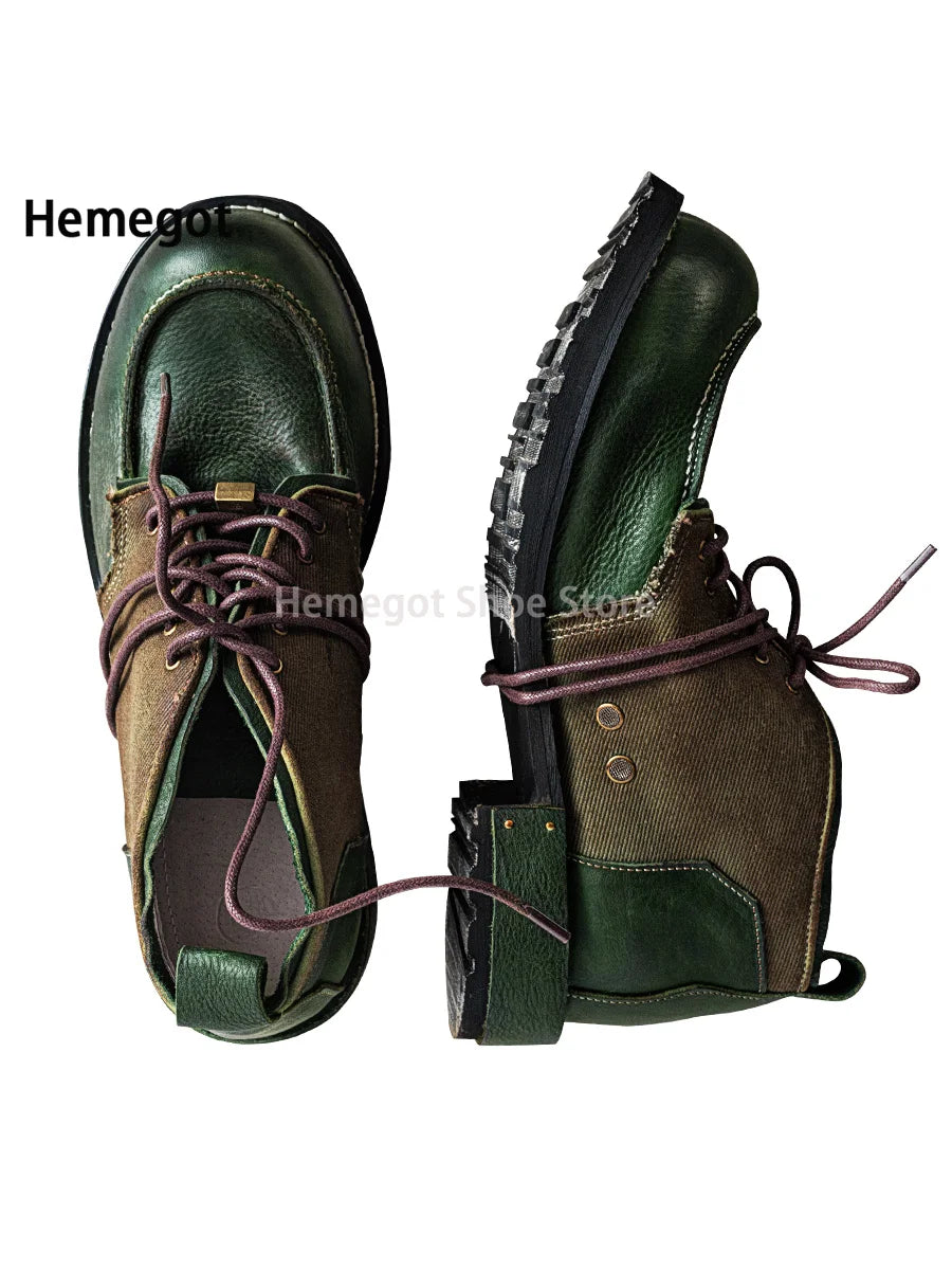 Derby-Schuhe für Herren mit dunkelgrünem Leder-Look, braunem Einsatz und Schnürung
