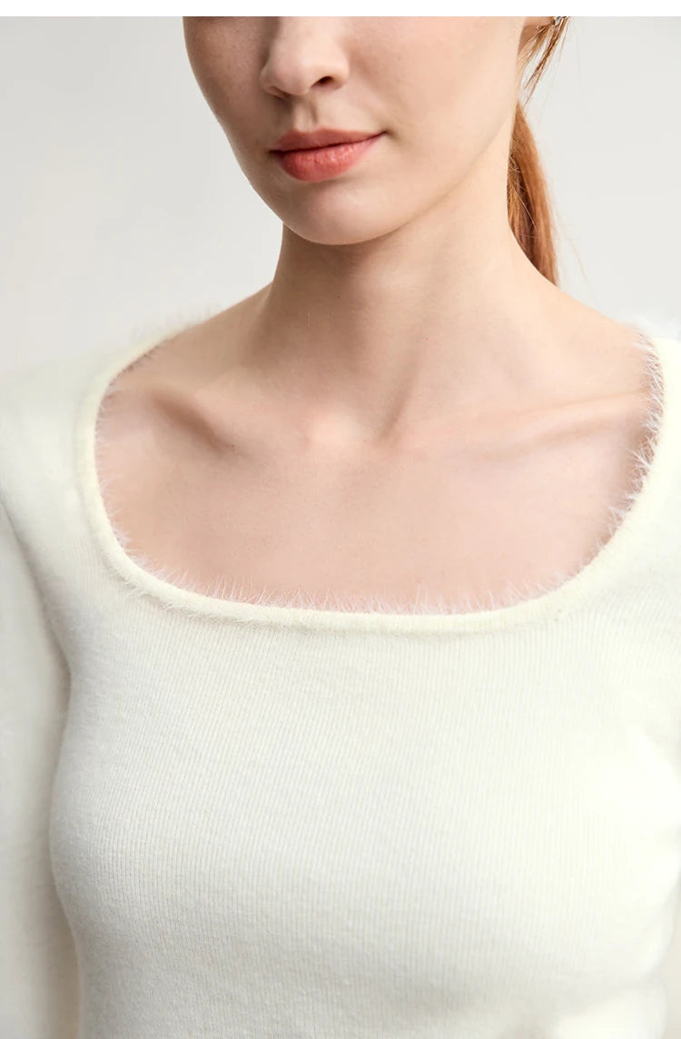 Damen-Pullover mit eckigem Ausschnitt, langarm, hellbeige Strickoptik