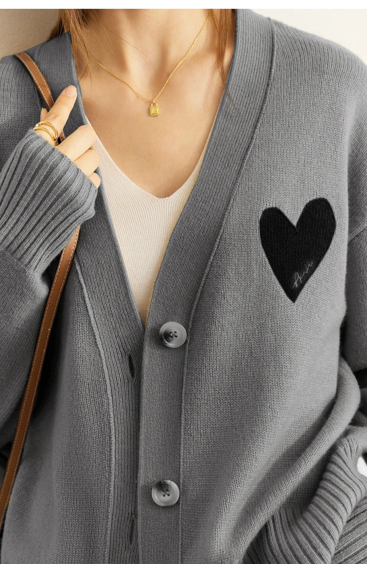 Damen-Strickjacke V-Ausschnitt Wollstickerei locker romantisch Winter