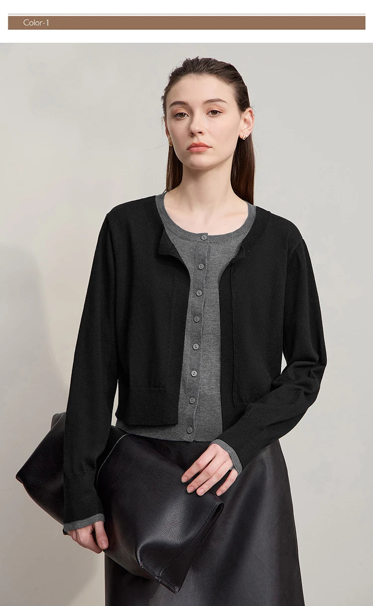 Damen-Strickjacke Patchwork sanft locker Langarm vielseitig Herbst