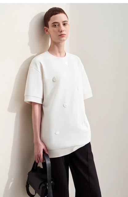 Damen T-Shirts im Minimalismus-Stil mit losem Patchwork und Dekoration