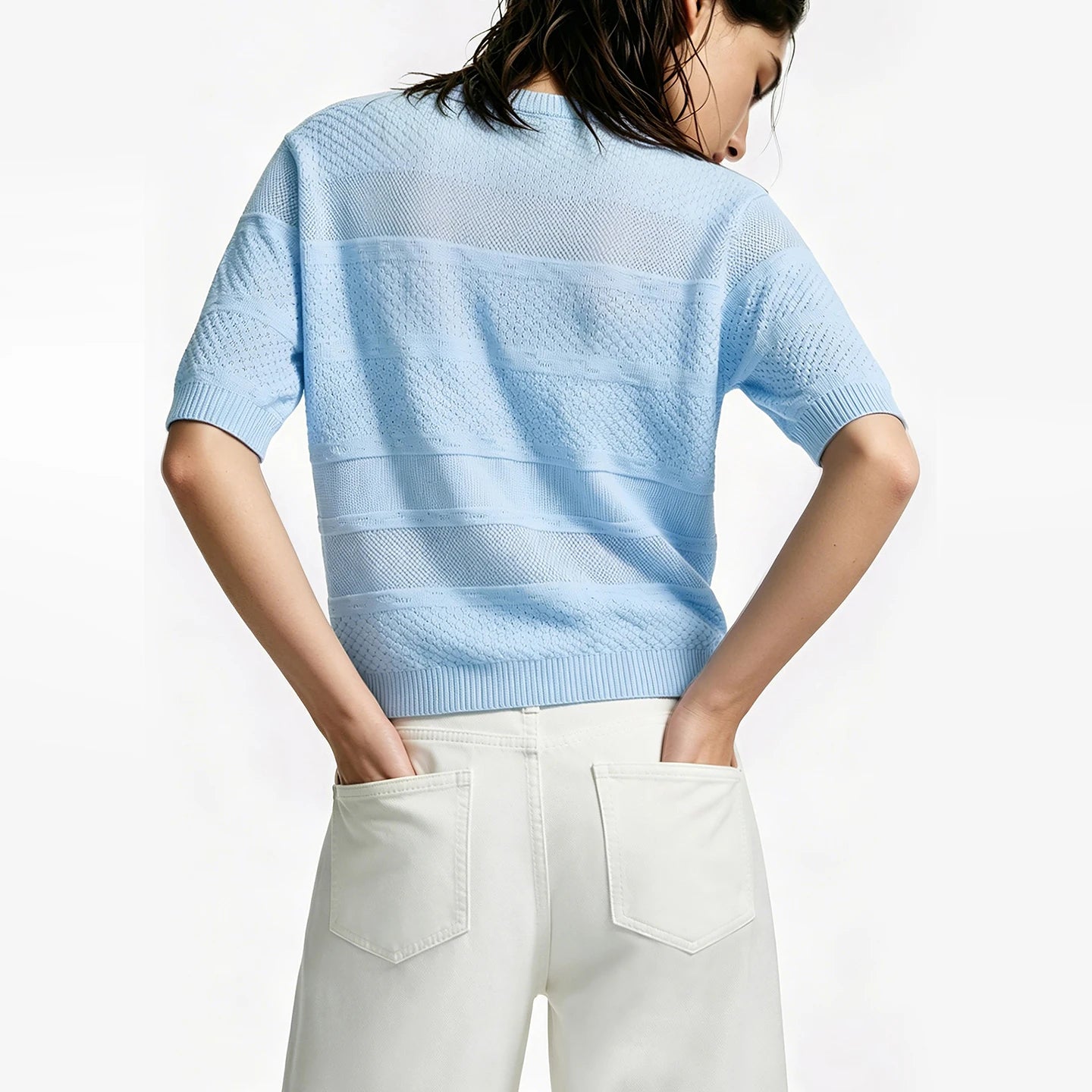 Damen-Rundhalspullover Kurzarm Crop Viskose locker Sommer
